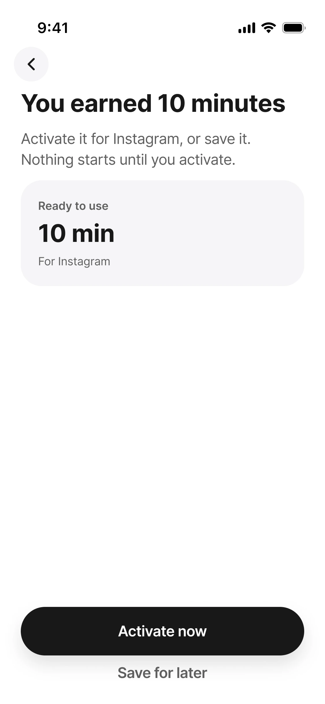 The ScrollTax screen after a challenge: You earned 10 minutes