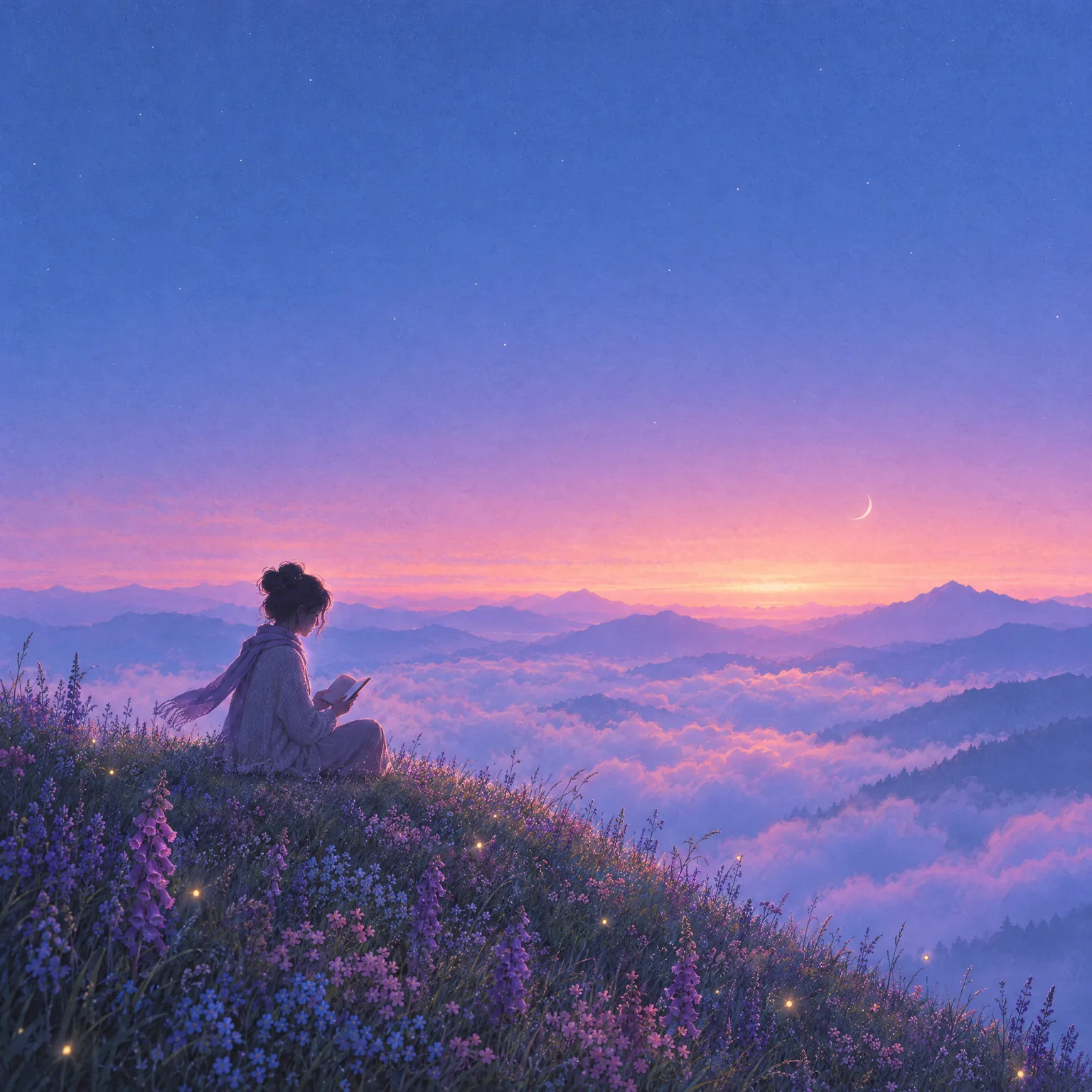A person with their hair up and a scarf, sitting on a flowery ridge at twilight, reading a notebook above a sea of clouds and distant mountains.